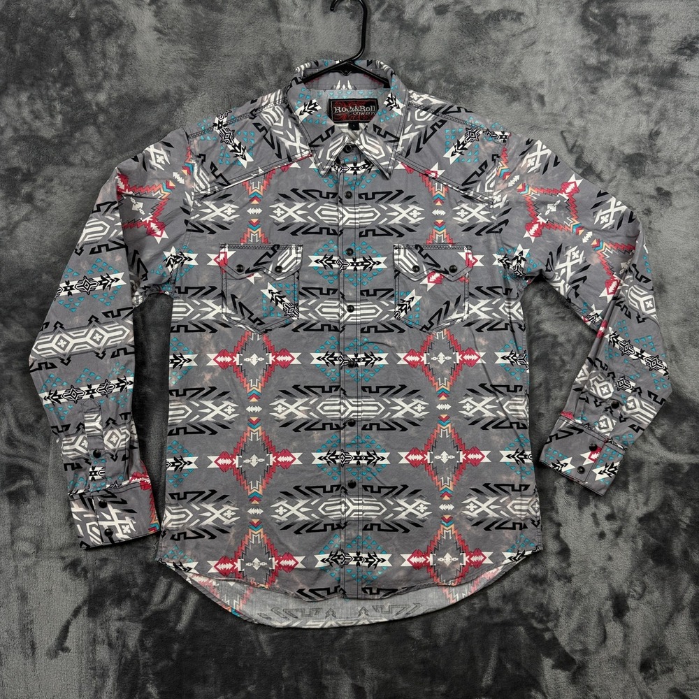 Rock & Roll Cowboy Western Snap Shirt Mens Large Grey Southwestern Aztec Print
